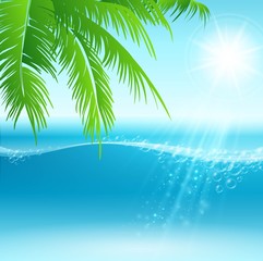Fototapeta na wymiar Summer holidays vector background with palm leaves and sea