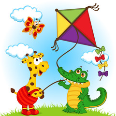 Fototapeta premium giraffe and crocodile launching a kite - vector illustration, eps