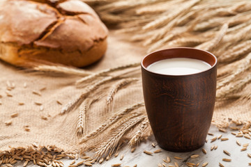 Cup of milk on background ears rye and bread.
