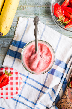 strawberry-banana frozen smoothies in a glass fruit dessert, sum
