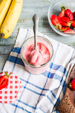 strawberry ice cream in a glass fruit dessert, summer, banana