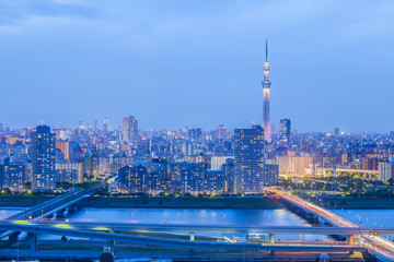 Tokyo city view with Tokyo sky tree and river in evening