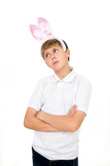 boy with rabbit ears with thoughtful faces