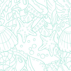 Cotton fabric Outline doodle sea seamless pattern with starfish and shells
