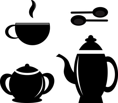 Set icon teapots, teacups, teaspoon and sugar bowl.