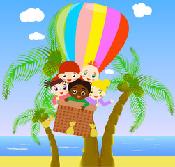 Obraz na płótnie Canvas Illustration of children flying with air balloon above beach.
