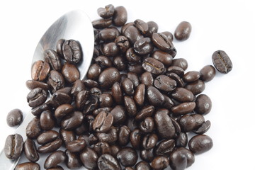 Roasted coffee beans on white background