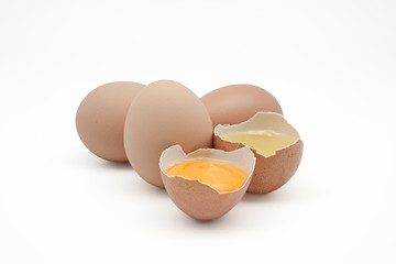 Broken egg isolated on white background. separated egg white and yolk