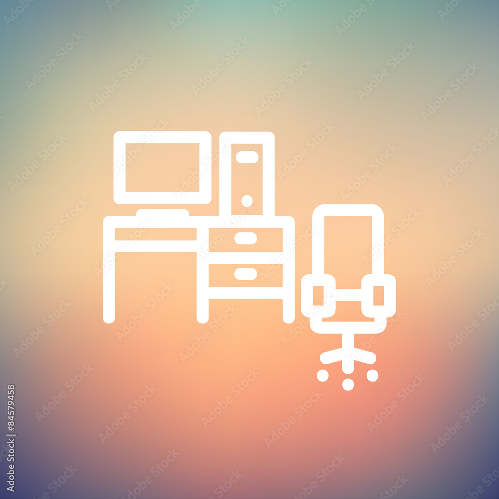 Poster computer set with table and chair thin line icon