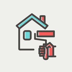 House painting using paint roller thin line icon