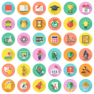 Round vector flat school subjects icons