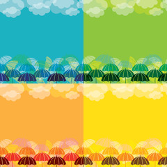 Fototapeta na wymiar Set of Four Umbrella and Cloud Background Horizontal Pattern