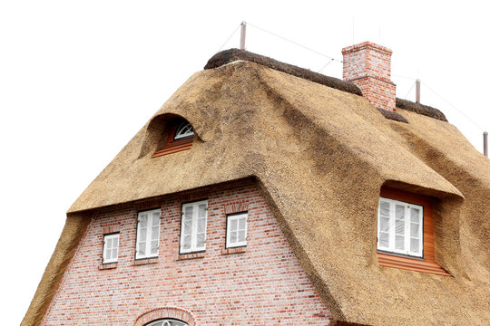 house with a thatched roof on a white background