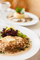 Veal fillet with a creamy souce made of Dorblu cheese and walnut