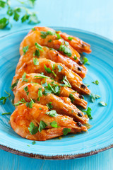 Grilled shrimp in sweet and sour sauce.