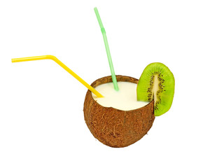 Coconut with a cocktail straws.Isolated.
