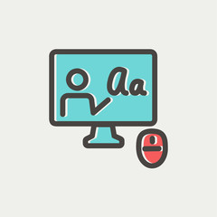 Laptop and mouse in online tutorial thin line icon