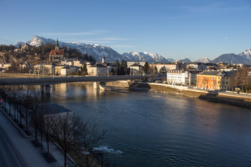 Fototapeta na wymiar Cityscape at the river Salzach in Salzburg, Austria, 2015