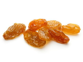 Yellow sultanas raisins isolated on white background cutout