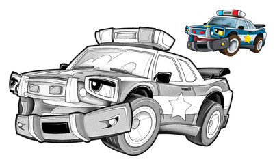 Cartoon police car - caricature - coloring page 
