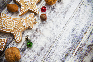 Christmas gingerbread cookies on white table