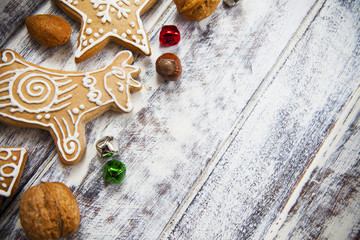 Christmas gingerbread cookies on white table
