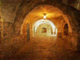 Ancient Alley in Jewish Quarter, Jerusalem. .Photo in old color image style.