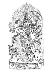 Fototapeta na wymiar Hindu God winning the battle with demons. Sketch