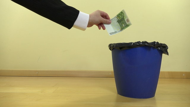 businessman hand drop cash euro money banknotes in can bin. 4K