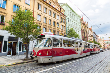 Fototapeta na wymiar Prague red Tram detail, Czech Republic