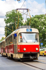 Obraz na płótnie Canvas Prague red Tram detail, Czech Republic