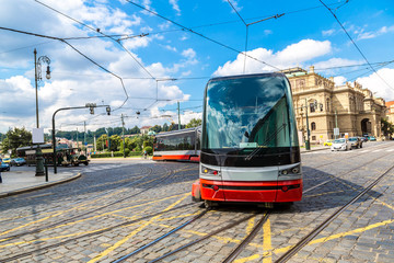 Fototapeta na wymiar Tram at old street in Prague