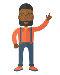 Man raises his one arm.