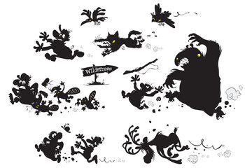 Wilderness chase. Funny cartoon isolated silhouettes.