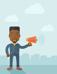 Businessman in the field holding a megaphone.