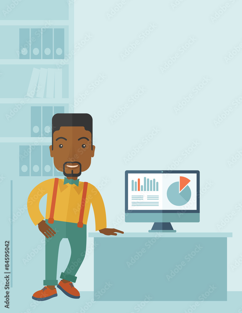 Poster man presenting a graph from his computer