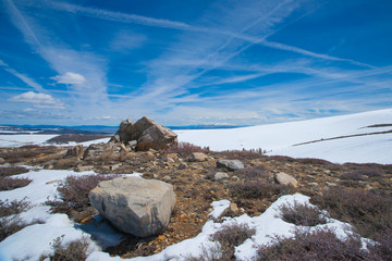 Snow and Boulders in California Mountains