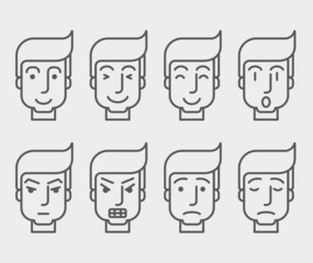 Men face with different expression in front view.