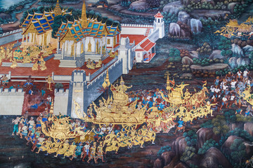 Mural paintings along  at Wat Phra Kaew in Bangkok, Thailand