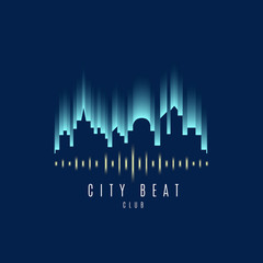 Fototapeta premium Vector : City building and wave sound Logo ,Music club concept