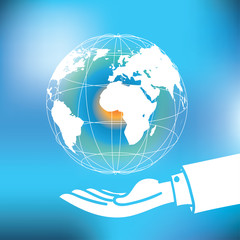 Vector : Global with map floating over business man hand on abst