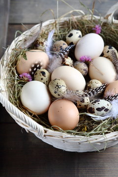 fresh eggs in a rustic basket
