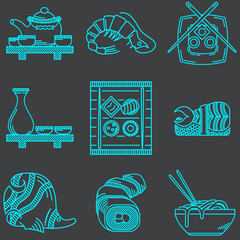 Japanese food blue icons collection