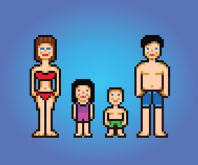 Happy family holidays isolated pixel art video game vector illustration