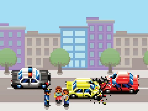 city car collision, police car and people pixel art game style illustration