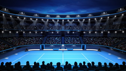 tennis stadium with evening sky and spectators