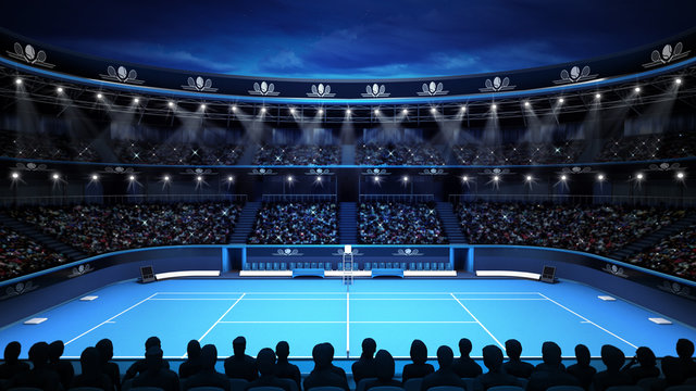 Tennis Stadium With Evening Sky And Spectators