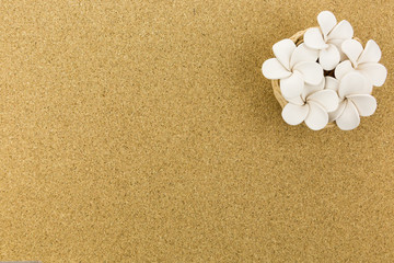 Fototapeta na wymiar ceramic nest with flowers on cork board