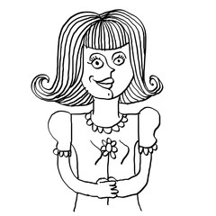 Vector monochrome illustration of smiling woman holding a flower