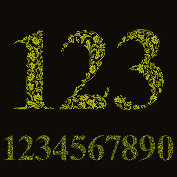 Beautiful floral numbers set, vector numerals.